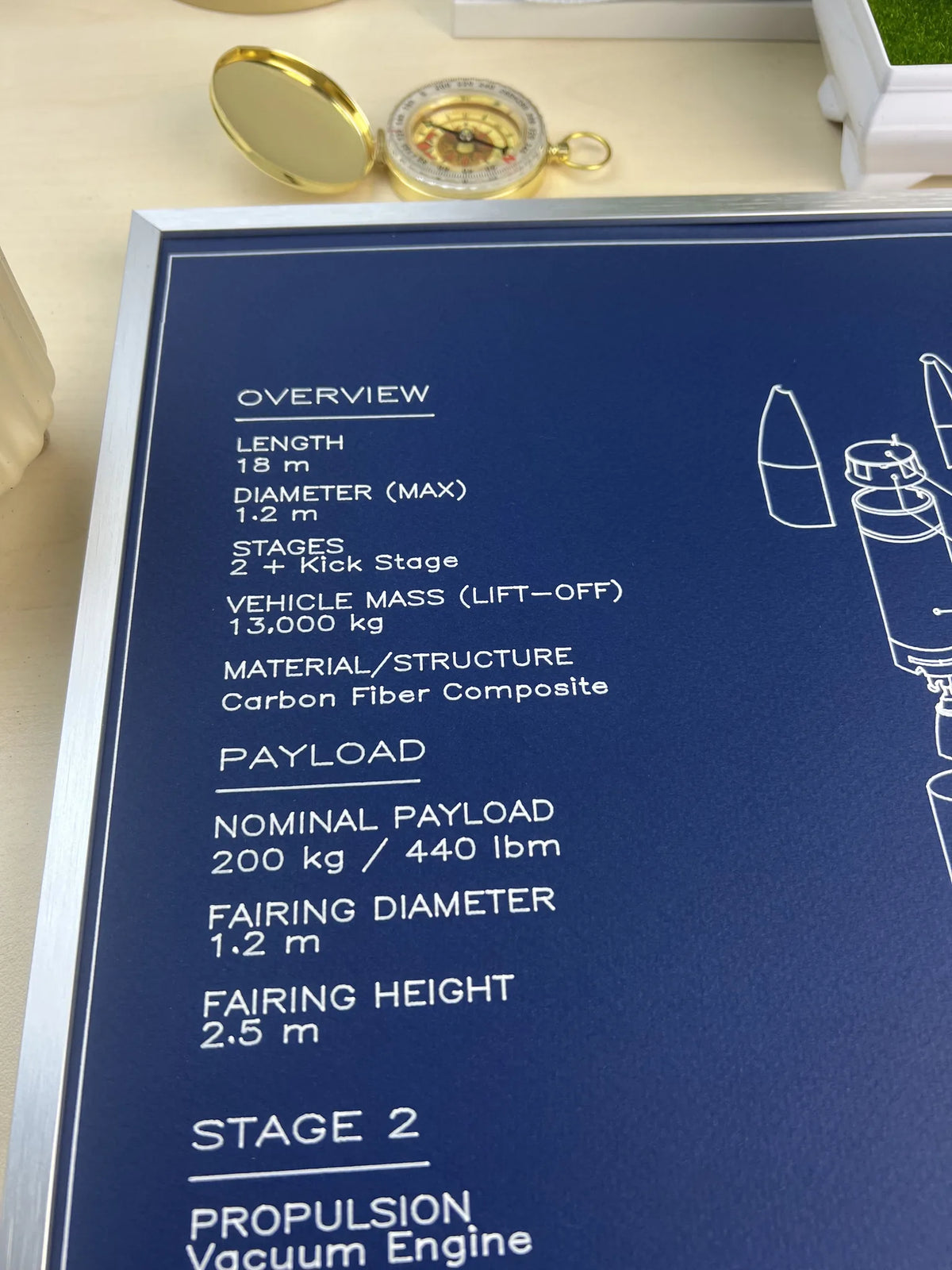 A close-up of a dark blue printed informational panel with white text detailing specifications such as length, diameter, payload, and propulsion details. A gold pocket watch and small white objects are partially visible on a light beige surface around it.