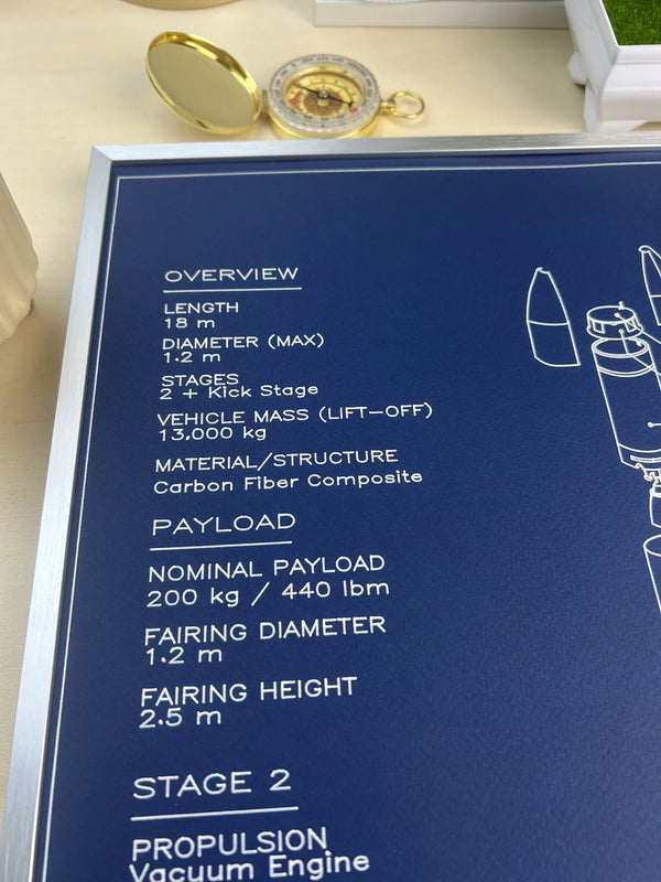 A close-up of a dark blue printed informational panel with white text detailing specifications such as length, diameter, payload, and propulsion details. A gold pocket watch and small white objects are partially visible on a light beige surface around it.