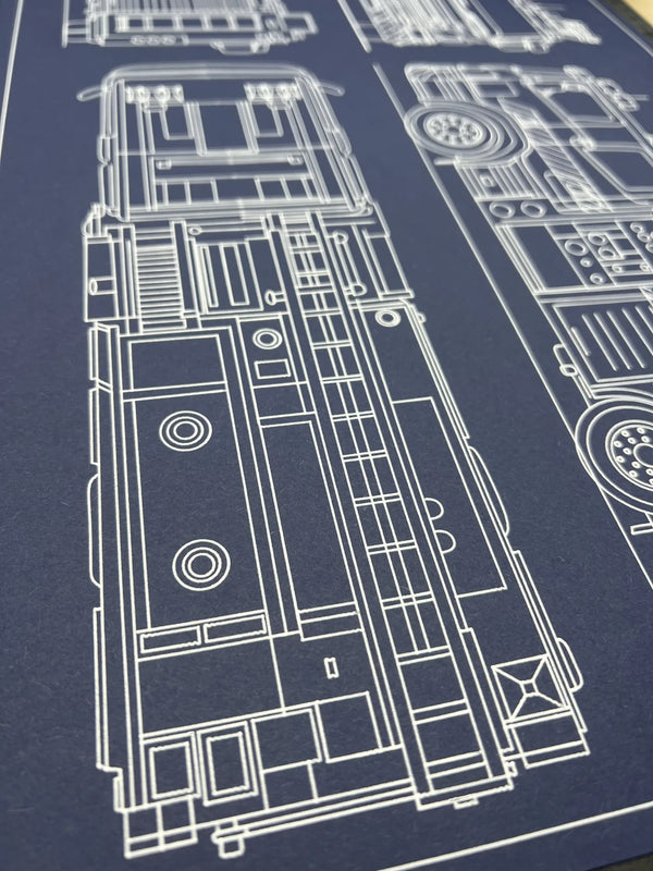 Top-down view of a fire truck blueprint, precise white line art on navy paper by Plotora