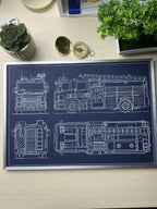 	Framed fire truck blueprint poster in silver metal frame on a desk, custom pen plotter wall art by Plotora