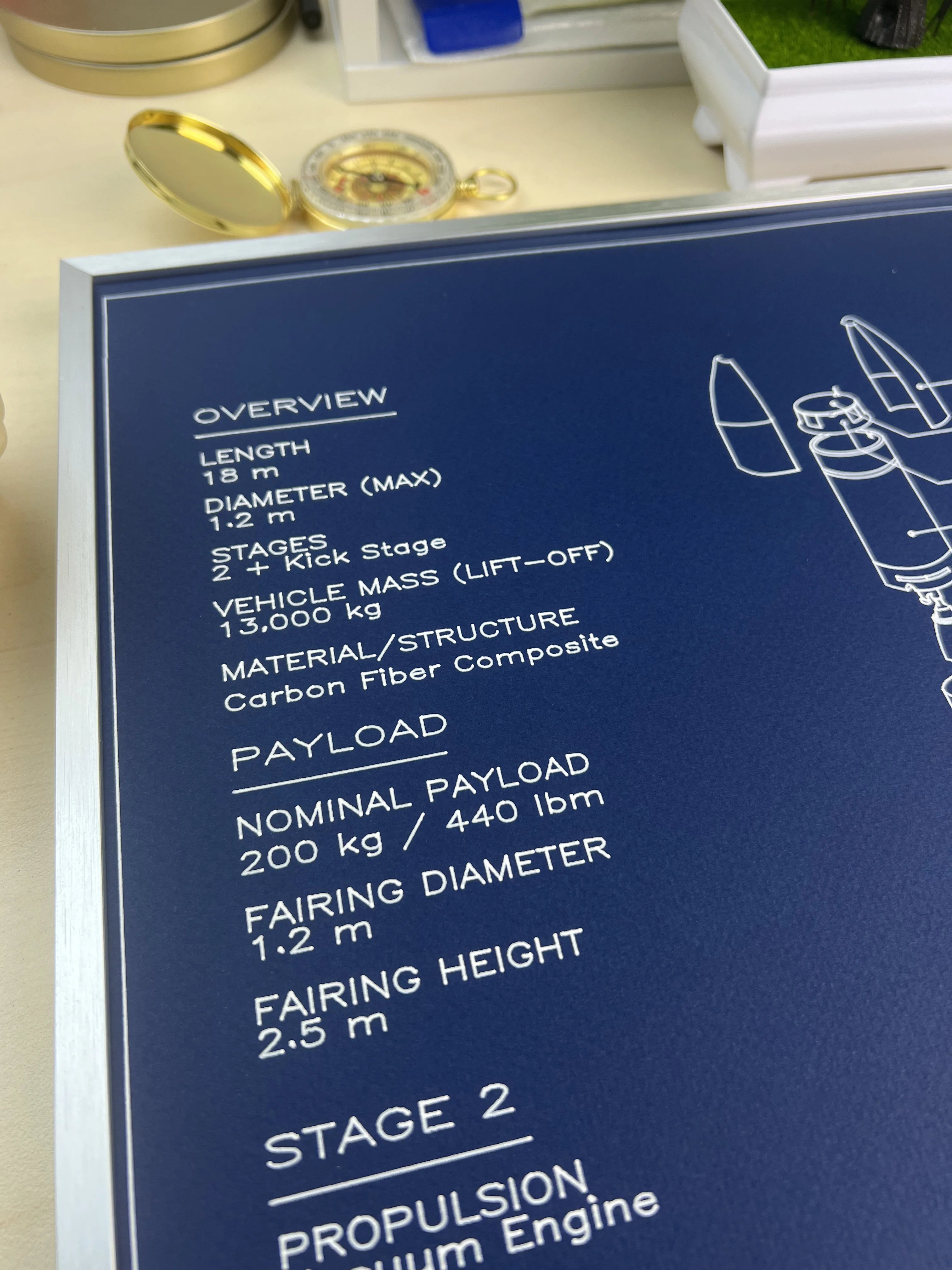 Close-up of a framed rocket blueprint