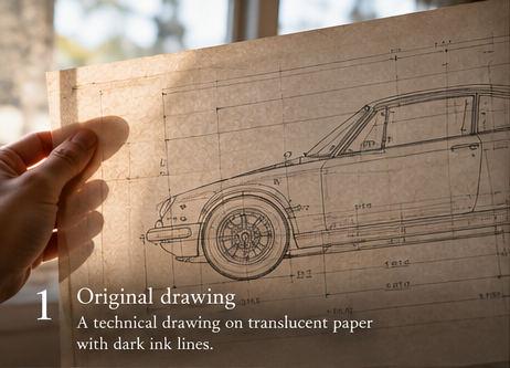 Translucent technical drawing held against light