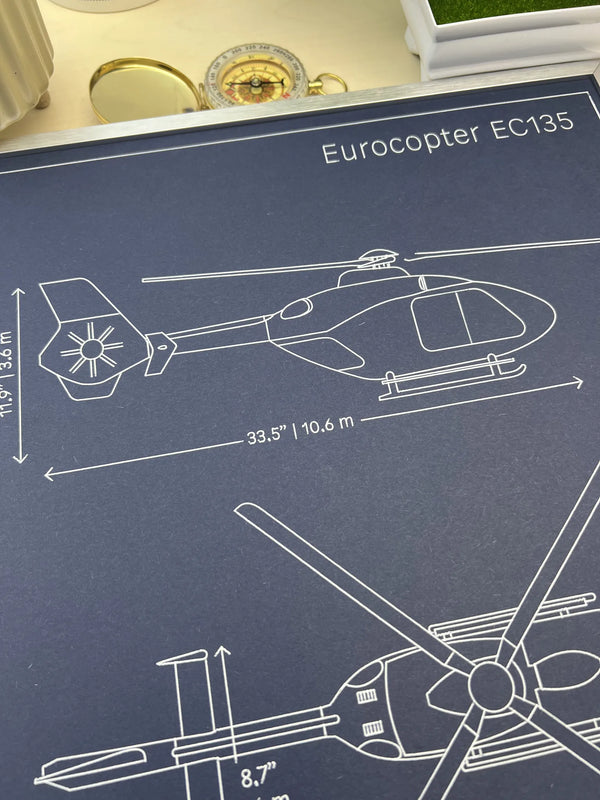Eurocopter EC135 side view with Fenestron tail rotor, pen plotter blueprint in white ink on navy paper
