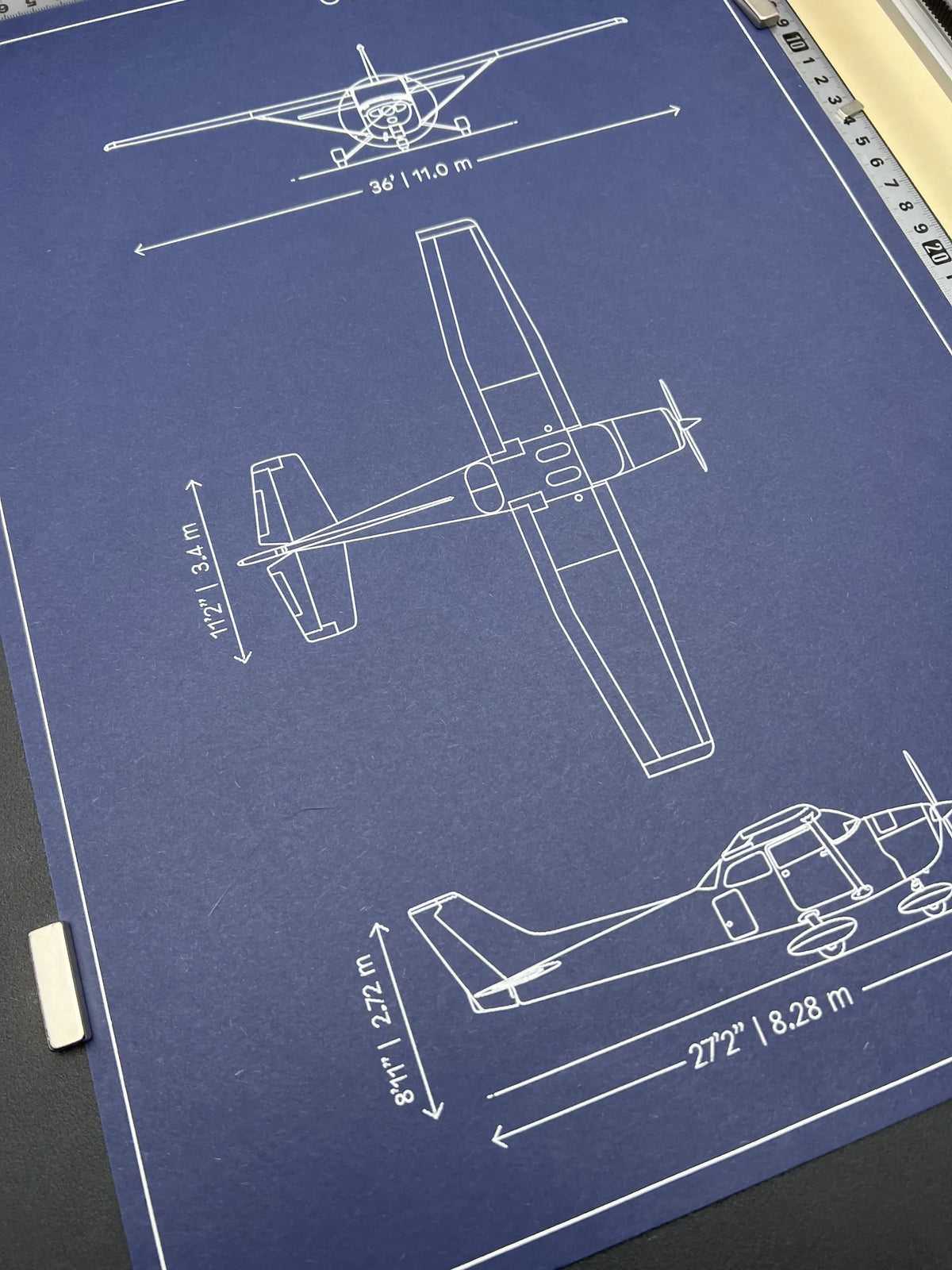 Cessna 172 Skyhawk blueprint with front, top and side views and dimensions, pen plotter line drawing