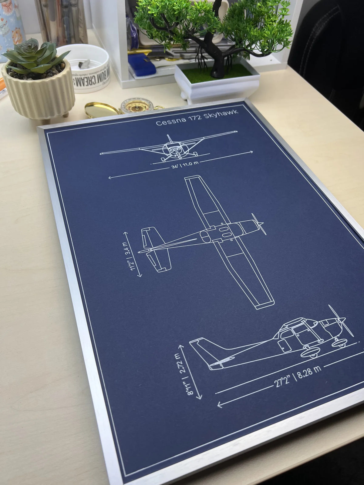 Cessna 172 Skyhawk blueprint in silver frame on a desk, aviation gift for pilots by Plotora