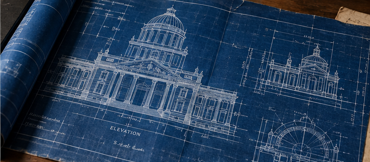 Traditional engineering blueprint with white lines on blue